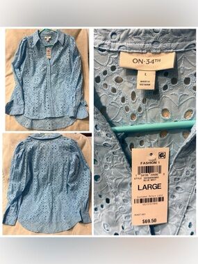 On 34th, Women's Cotton Eyelet Shirt, Blue Mist, Large New with tags